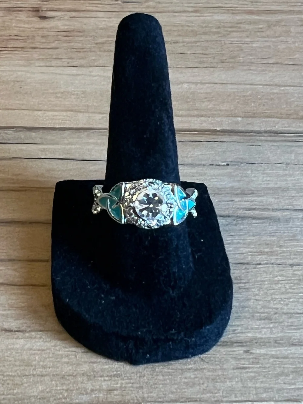Silver-tone Green Enamel Floral Halo Ring With Clear Center Stone Size 7